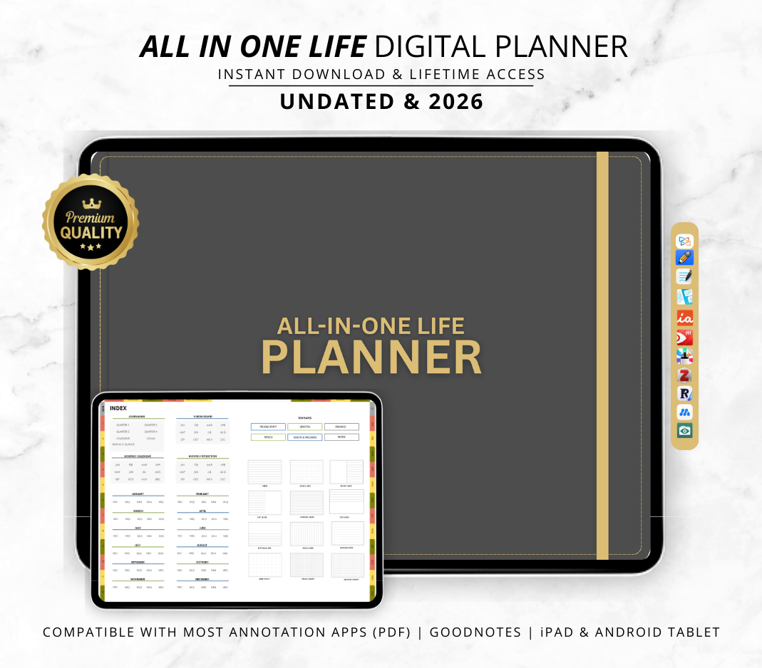 2026 & Undated All In One Digital Planner | Hyperlinked Life Planner