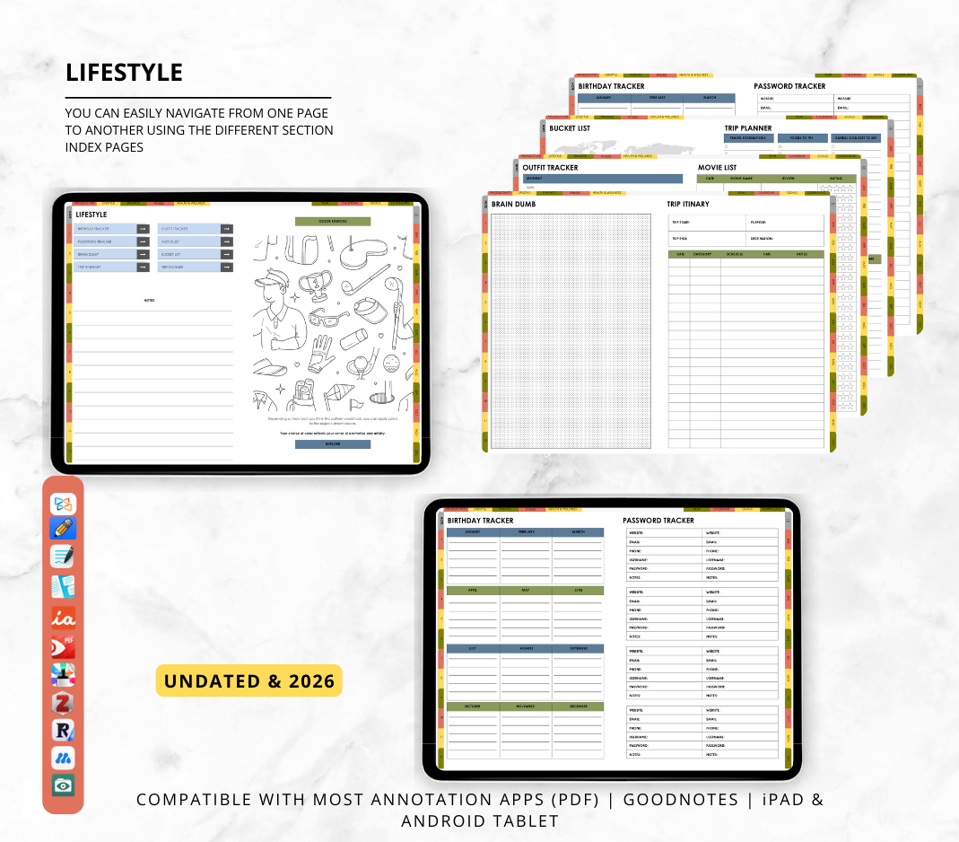 2026 & Undated All In One Digital Planner | Hyperlinked Life Planner